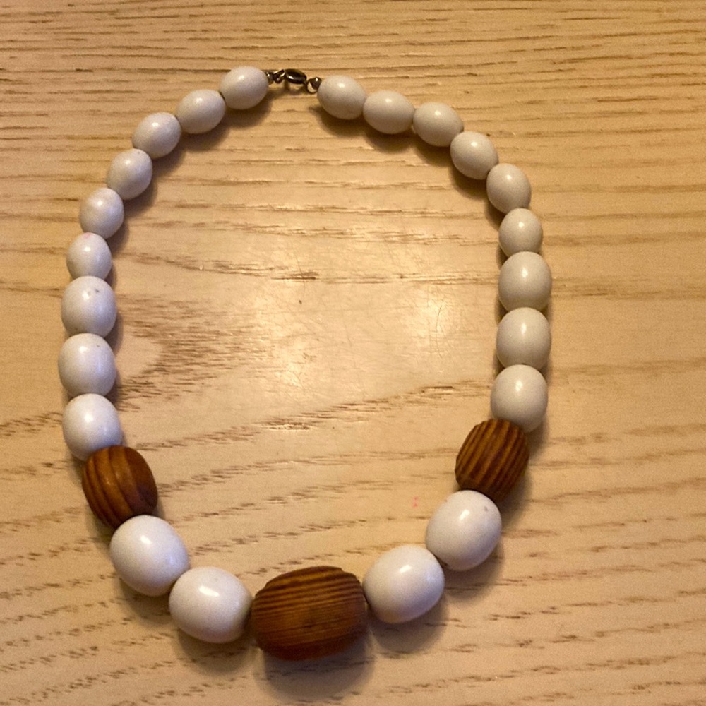 White wood with Brownwood beads 16.5” long necklace